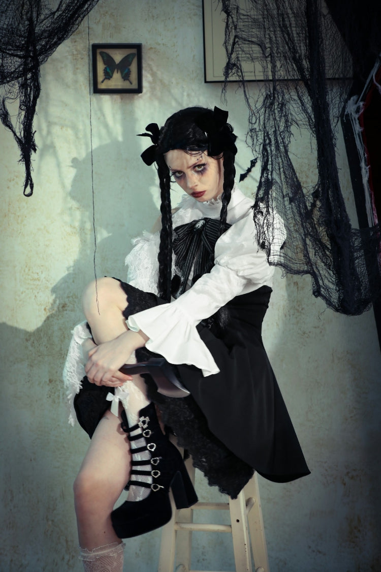 Lace High Collar Asymmetric Long Trumpet Puff Sleeves Bowknot Gothic Short Dress