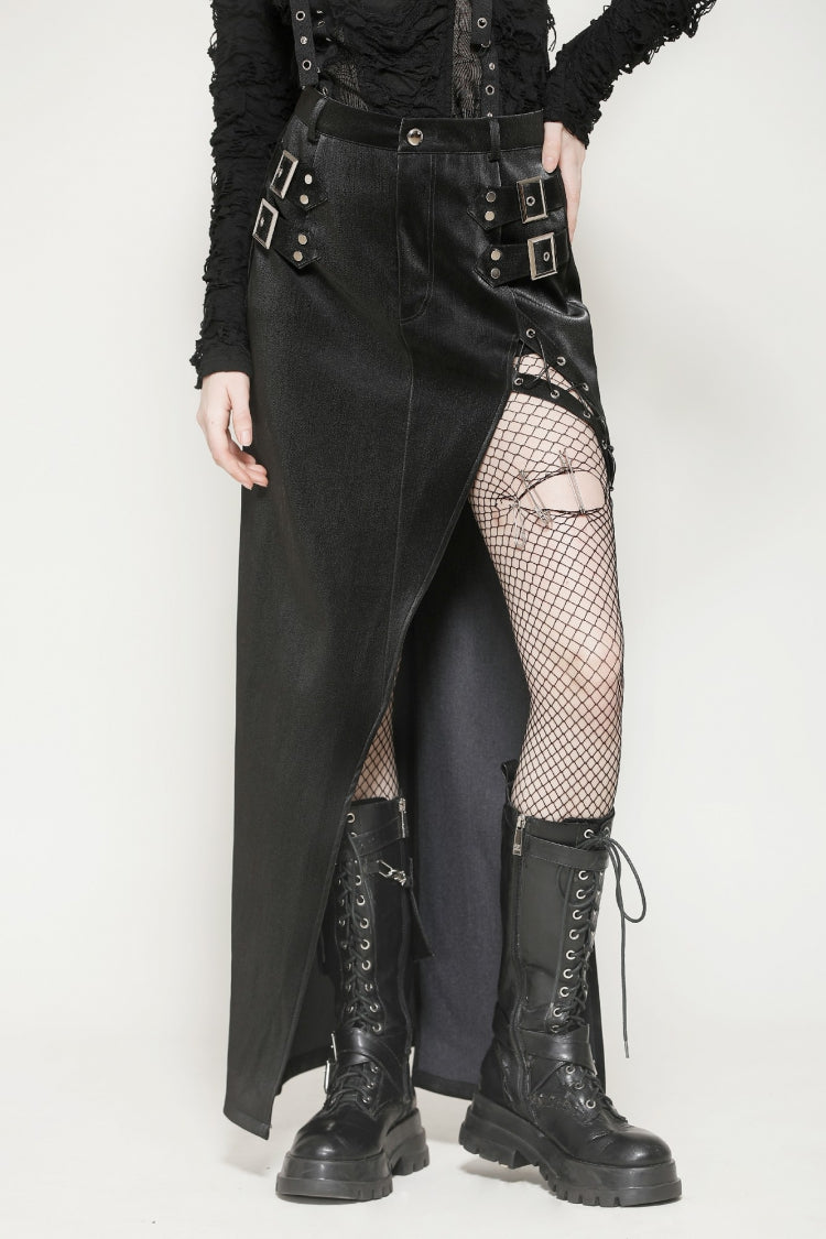 Coal Leather Skirt with Buckle Accents and Side Slit
