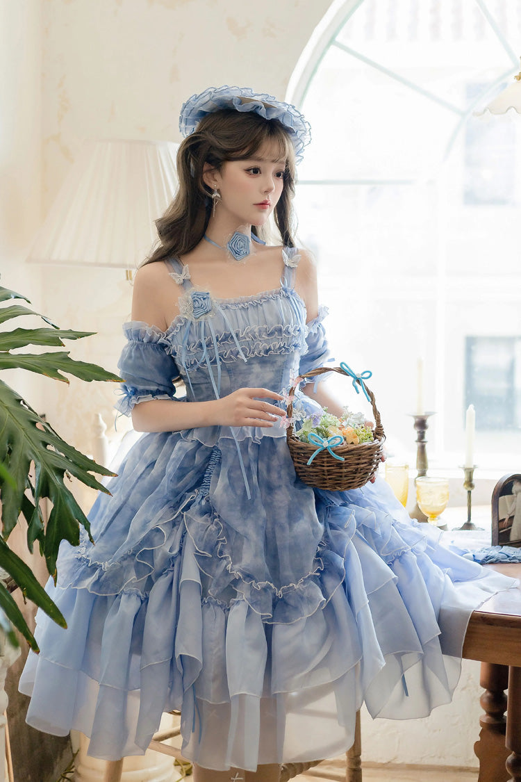 Goodnight Camellia Sleeveless Ombre Multi-Tiered Printed Ruffled Lace Fishbone Sweet Lolita Jumper Dress Three Colors