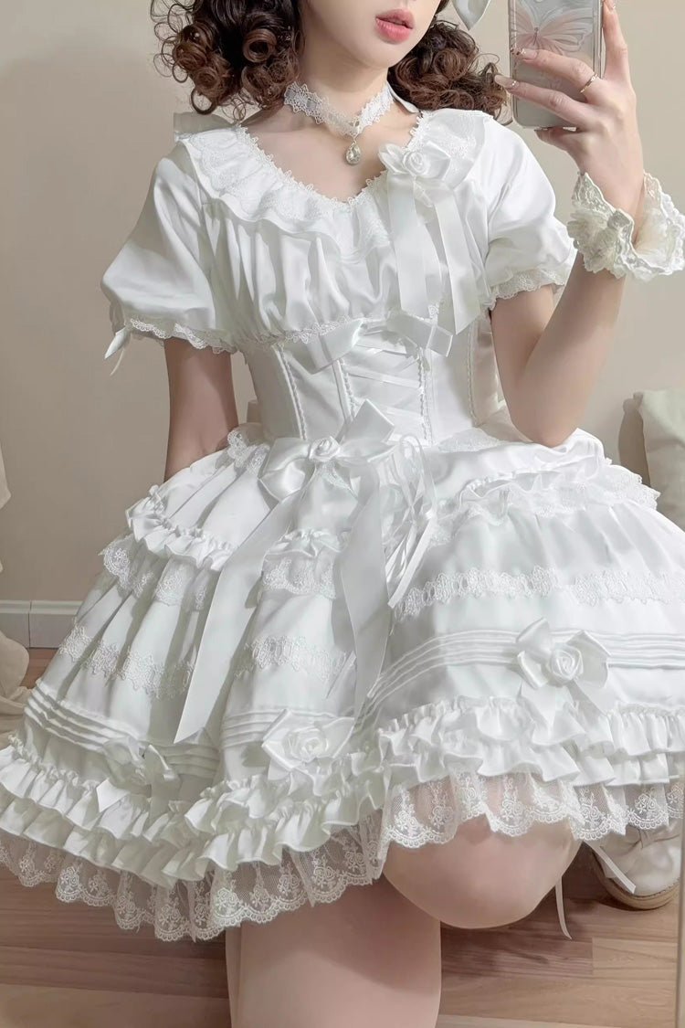 Ivory Layered Frosting Ruffle Bow Lace Sweet Dress