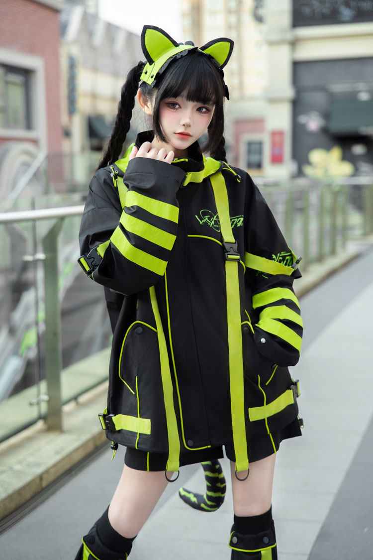 Yellow/Green/Black Long Sleeve Print Cat Ears Hooded Jirai Kei Handsome Jacket