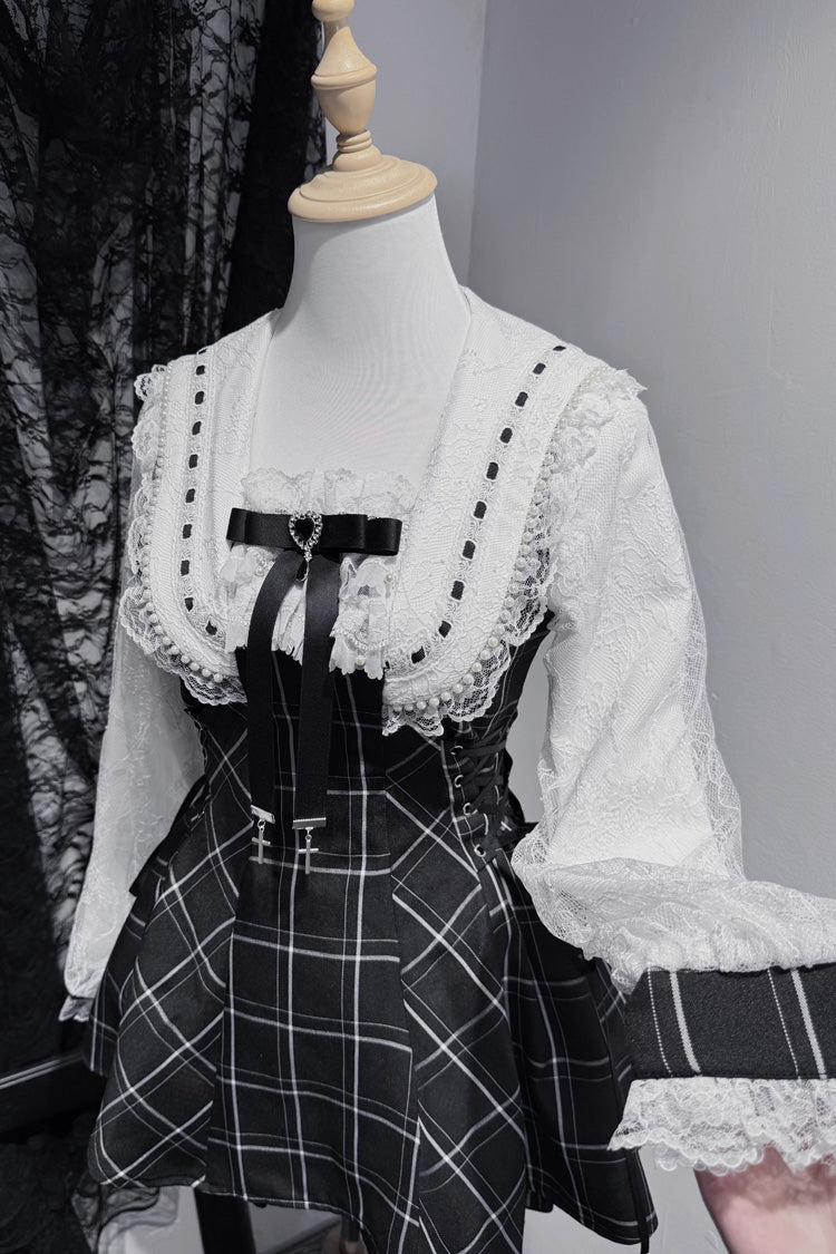Gothic Square-Collar Print Bow Lace Pearl Jirai Kei Dress with Shorts