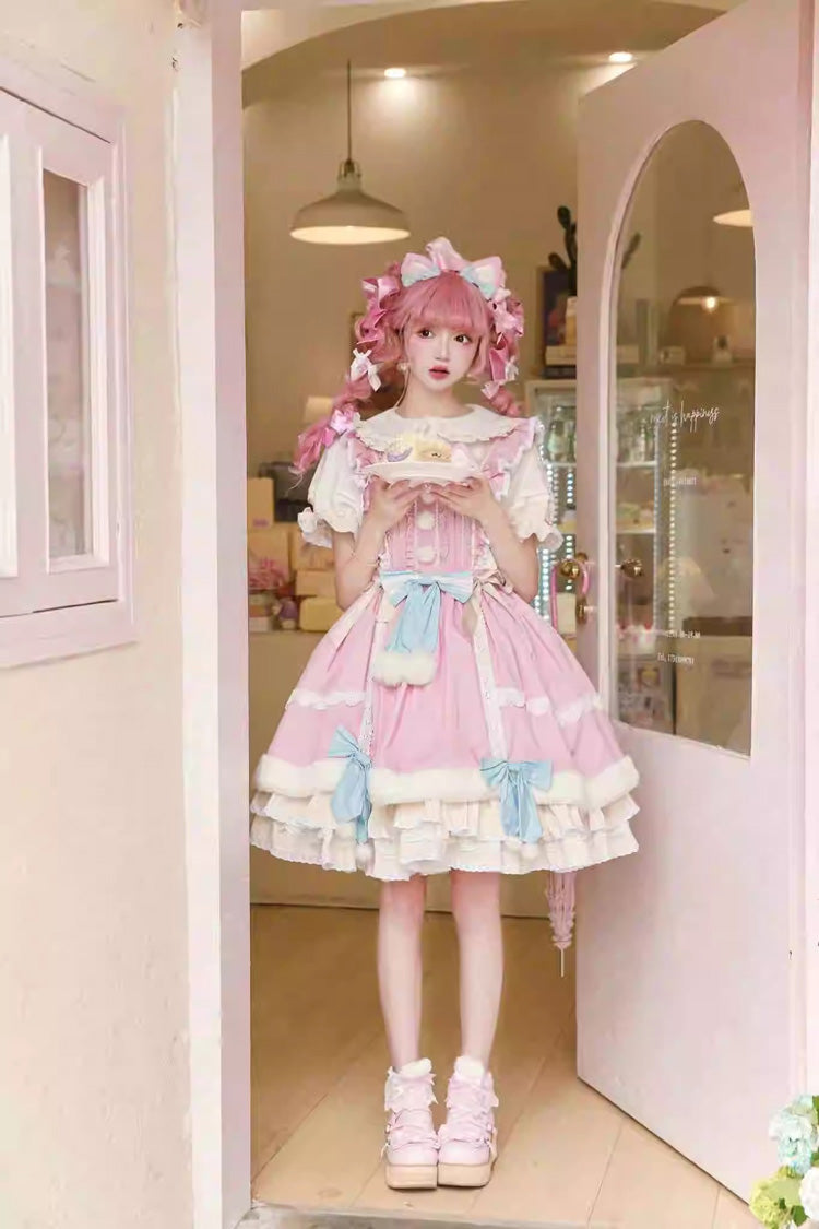 Pale Pink & White Little Fox Multi-Layer Ruffled Bow Long-Sleeve Sweet Lolita Dress