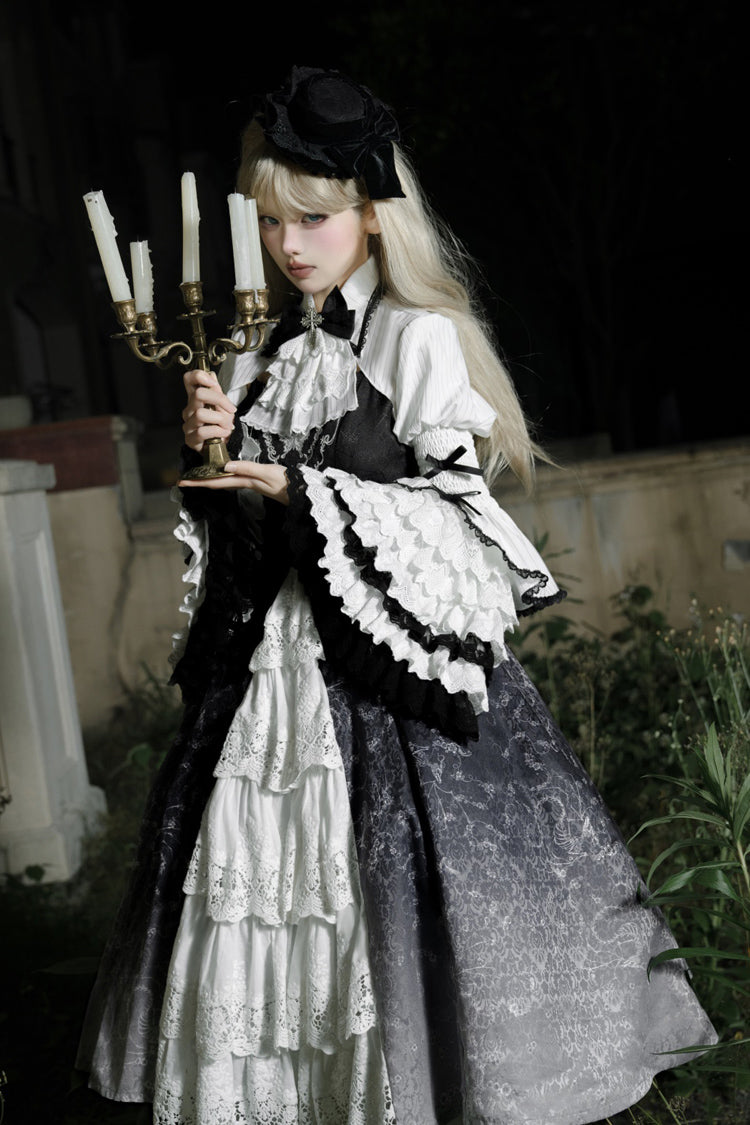 Black White Printed Bone Magic Ruffle Cardigan Lace Classic Gothic Princess Lolita Jsk Dress