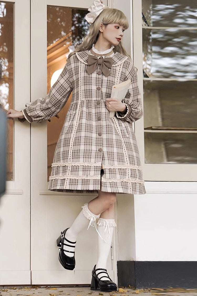 Light Brown Doll Collar Long Sleeve Multi-Layer Print Bowknot Sweet Lolita Coat