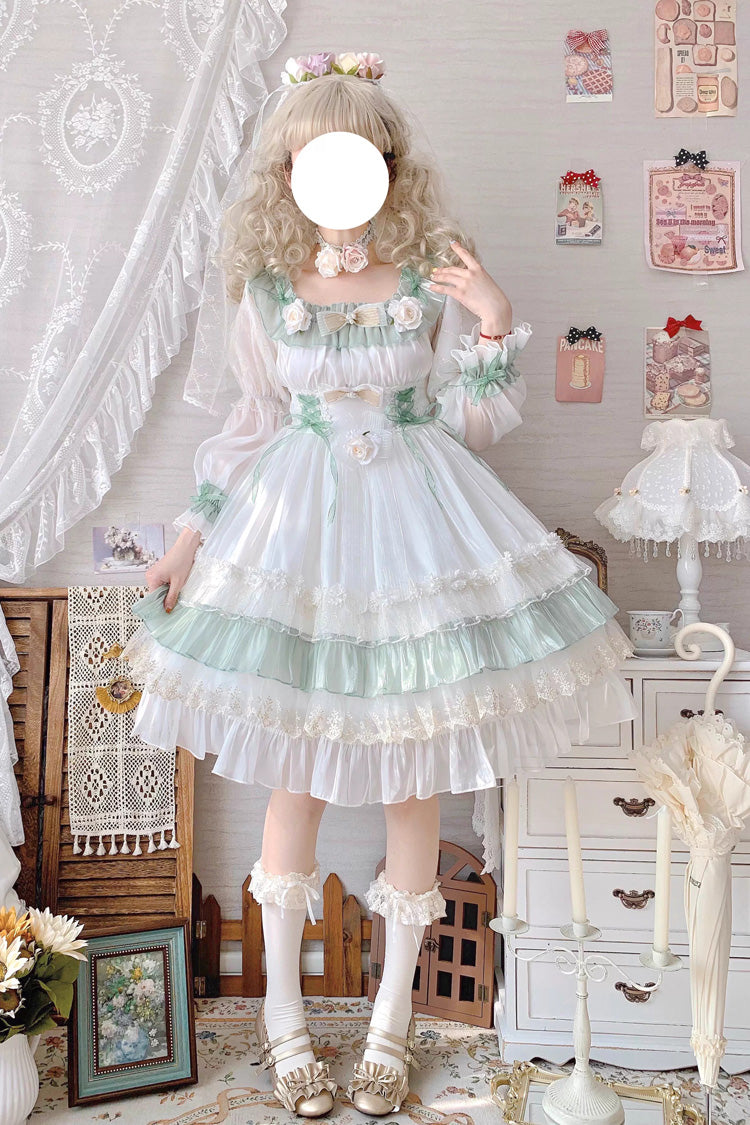 Long Sleeve Multi-Layer Ruffle Bow Lace Lace-Up Sweet Princess Lolita Dress - Green