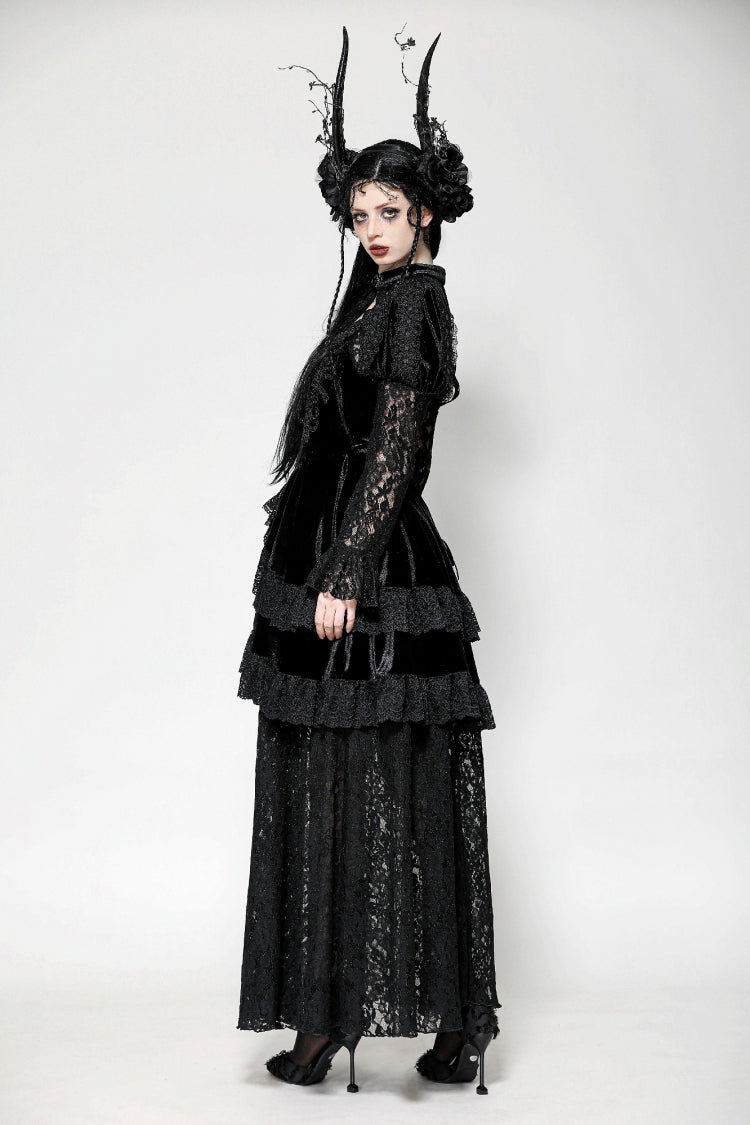 Jet-Black Gothic Evening Dress with Cutout Lace and Velvet Corset