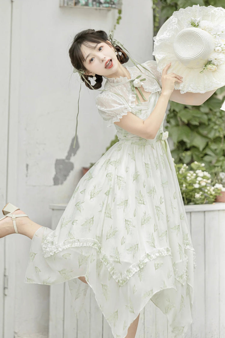 Spring Jacquard Print JSK Dress with Bowknot and Irregular Hem