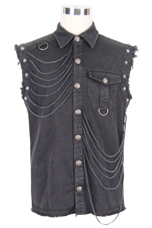 Sleeveless Punk Blouse with Frayed Hem for Men in Black