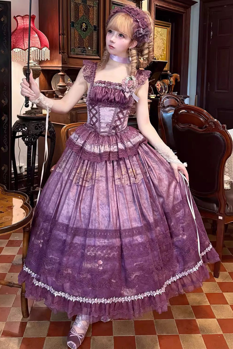Violet Mist Vineyard Sleeveless Ruffled Bow Lace-Up JSK Skirt Set