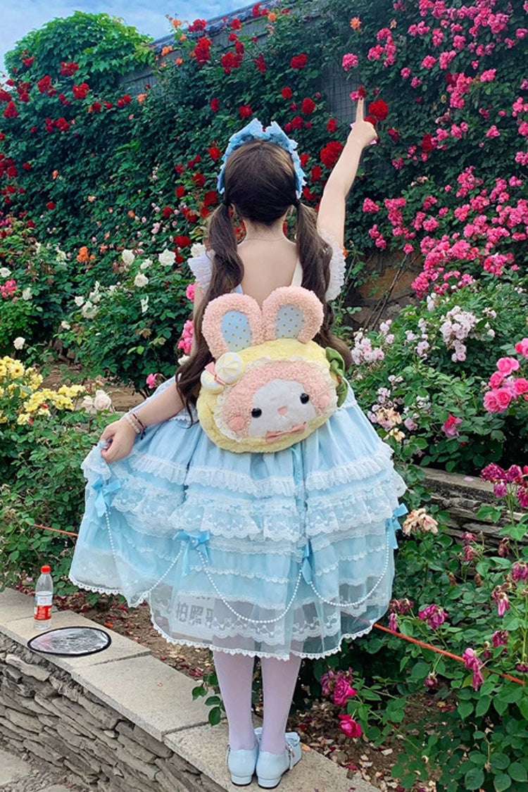 Showa Girl Triple-Layered Ruffle Lolita JSK Long Dress with Pearl Accents