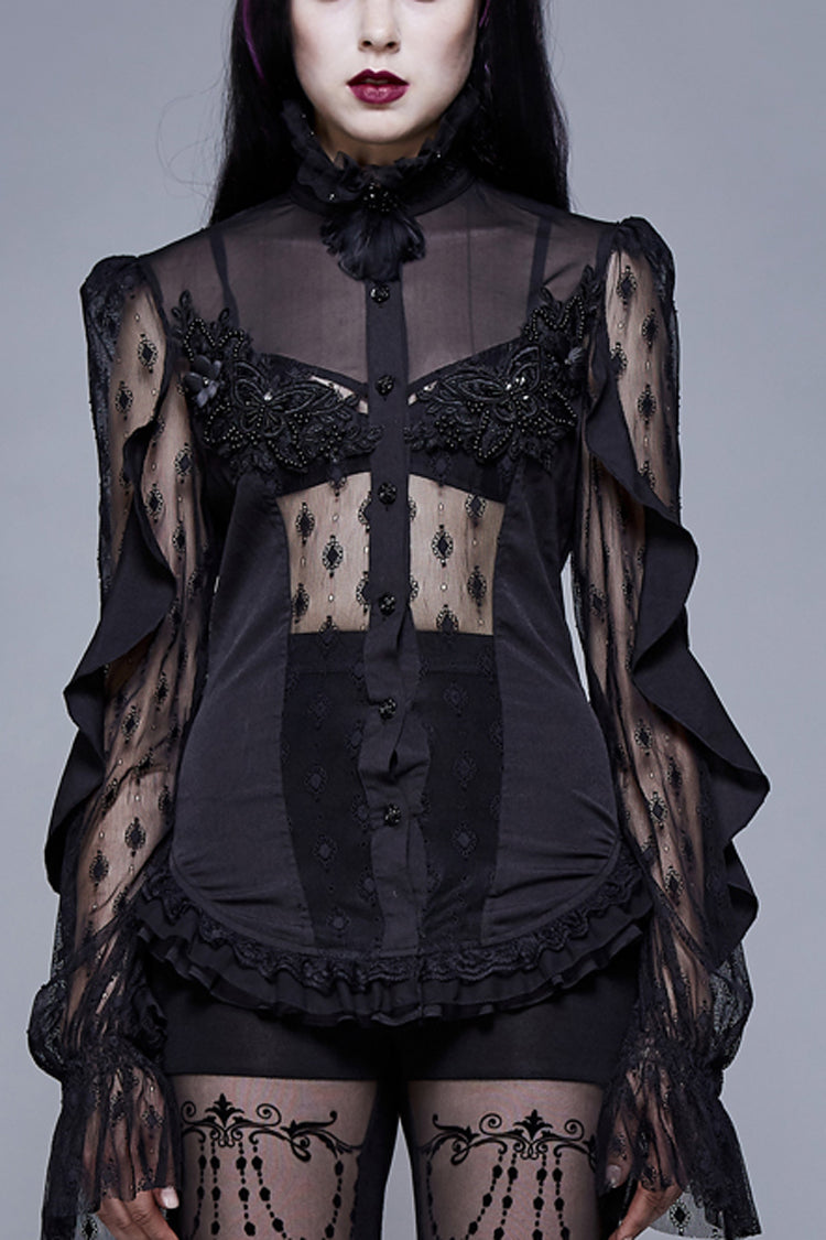Gothic Blouse with High Collar Beaded Flowers Lace Cuffs Back Lace-Up