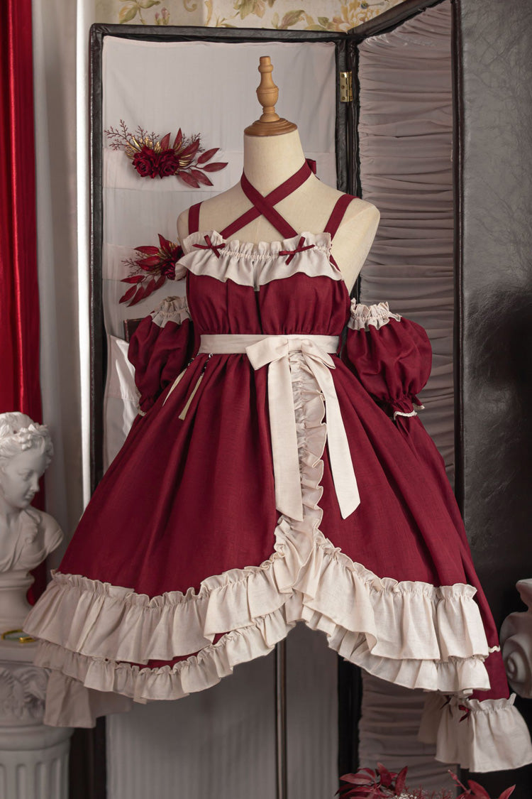 Sleeveless High Waist Ruffle Bow Asymmetric Gothic Lolita Jumper Dress - Red