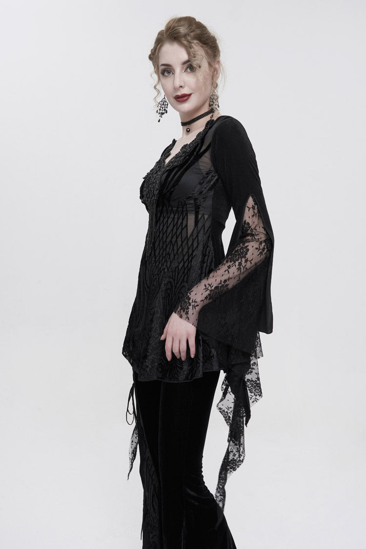 Beaded Lace Floral Gothic Tee with Flared Cuffs
