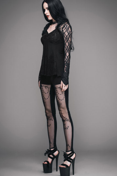 Gothic Mesh Tee with Rose Lace Trim and V-Neck