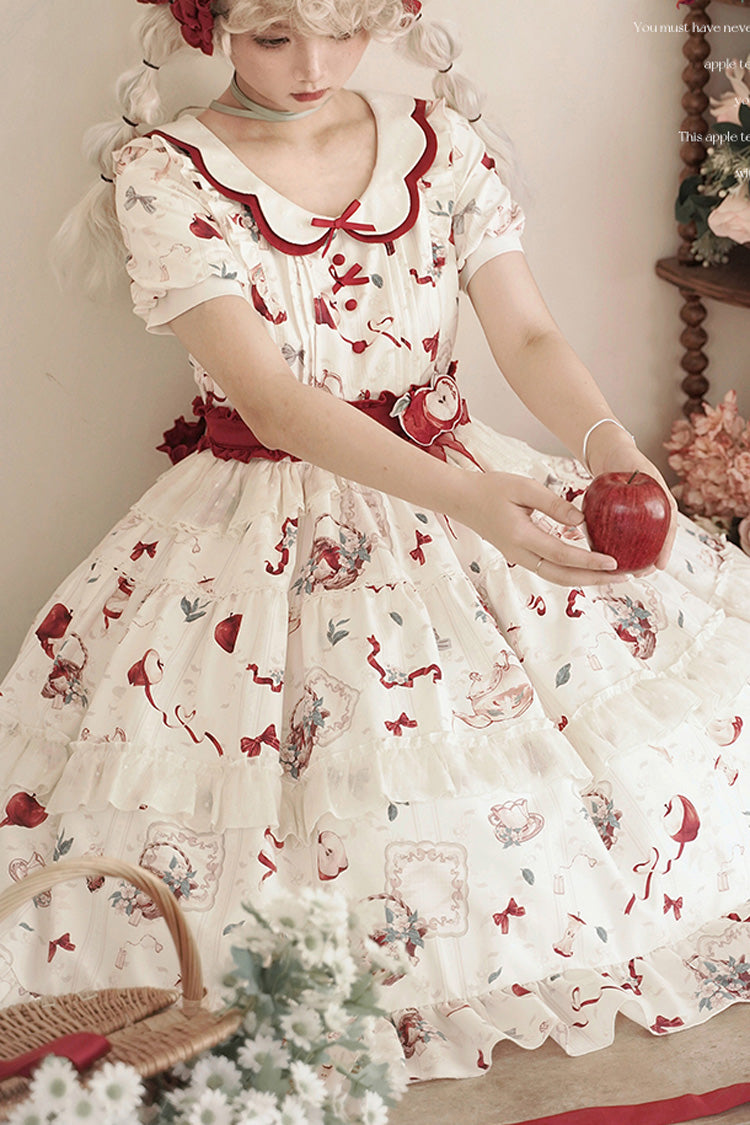 White Apple Tea Printed Country Style Sweet Lolita Dress - Short Sleeved Ruffled