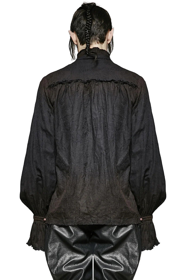 Jet-Black Steampunk Tie Shirt with Lantern Sleeves and Metal Buttons