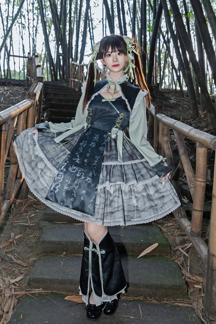 Cheongsam Ink Print Multilayer Bow Sweet Chinese Lolita Jumper Dress 2 Colors