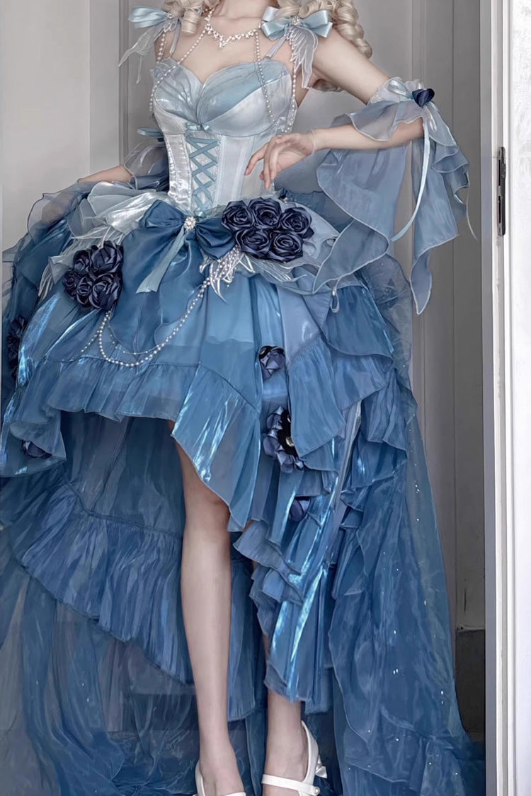 Sky Blue Swan Wonderland Embroidery Bowknot Lace-Up Irregular Ballet Jsk Dress