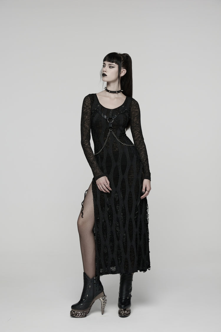 Dark Crewneck Long-Sleeve Cutout Lace-Up Slim Chain-Decorated Eyelet Punk Dress for Women