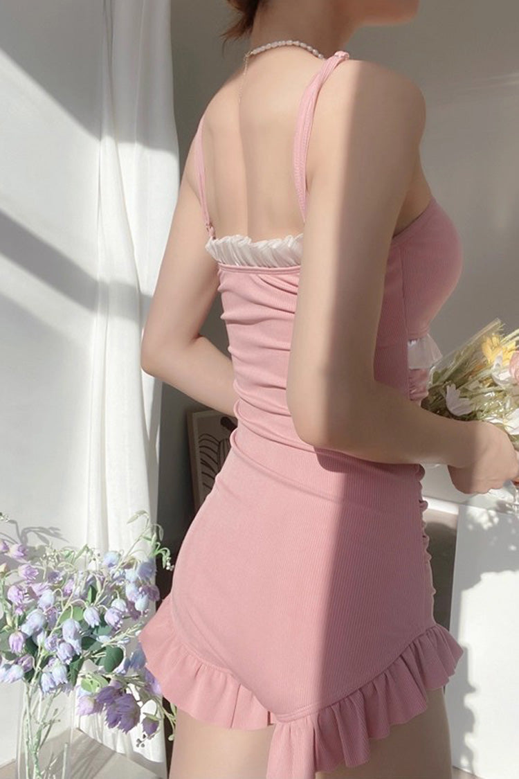 Pink Sleeveless Ruffle Cute Sweet Strapless One-Piece Swimsuit