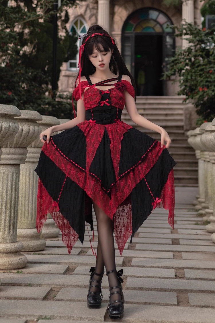 Red and Black Sleeveless High-Waist Print Asymmetric Gothic Lolita JSK