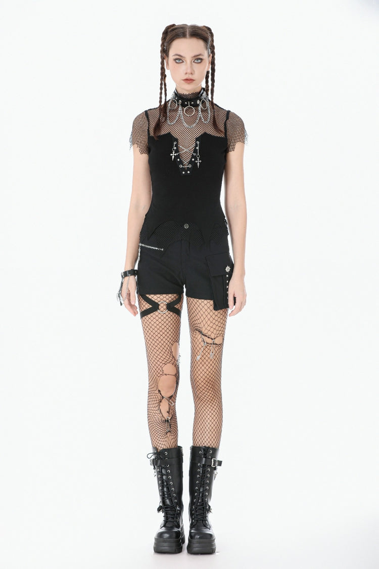 Dark Punk Top with Mesh Cutouts and Chain Embellishments