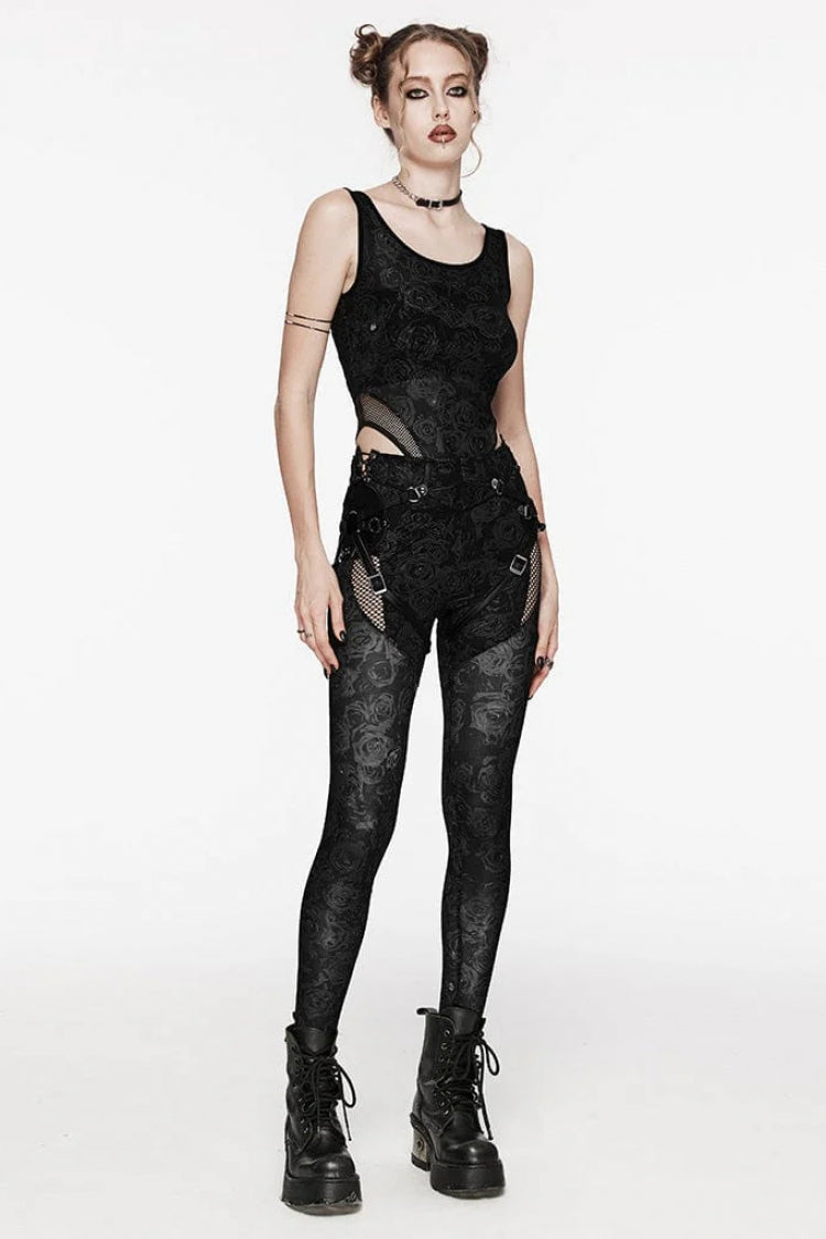 Sleeveless Lace Mesh Sheer Steampunk Bodysuit with Print