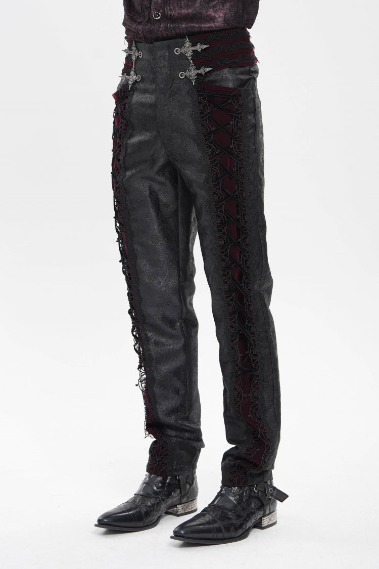Crimson & Noir Jacquard Lace-Up Slim Velvet Palazzo Trousers for Men