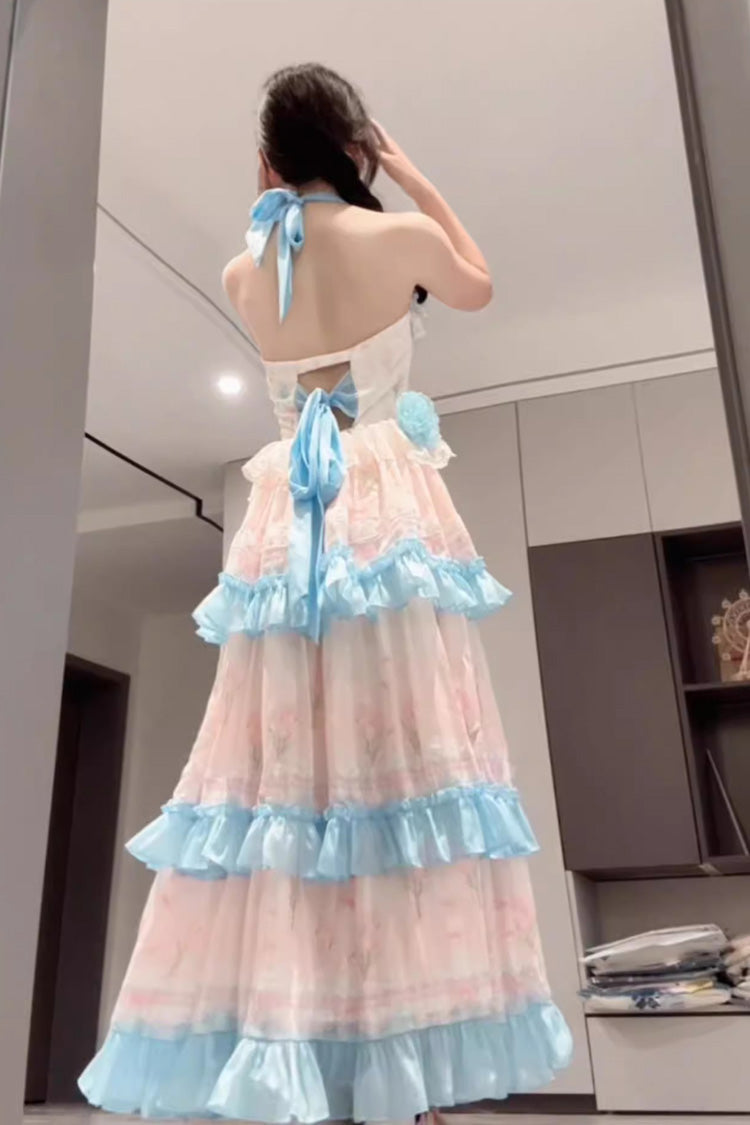 Blue and Pink Sweet Lolita Dress with Print and Backless Ruffle Style