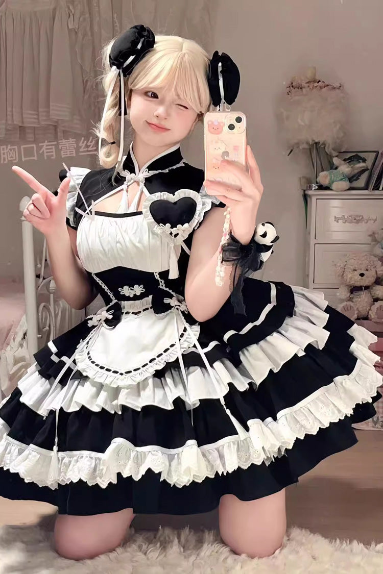 Black White Multi-Layered Ruffled Sweet Chinese Maid Cheongsam Dress
