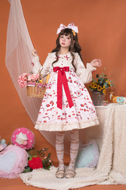 Strawberry Milk Print Lolita OP Dress - High Waist, Sweet