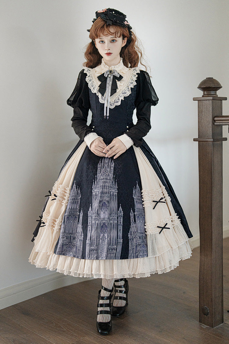 Black & White Church Bells Printed Ruffled Cardigan Bow Elegant Gothic Lolita Dress