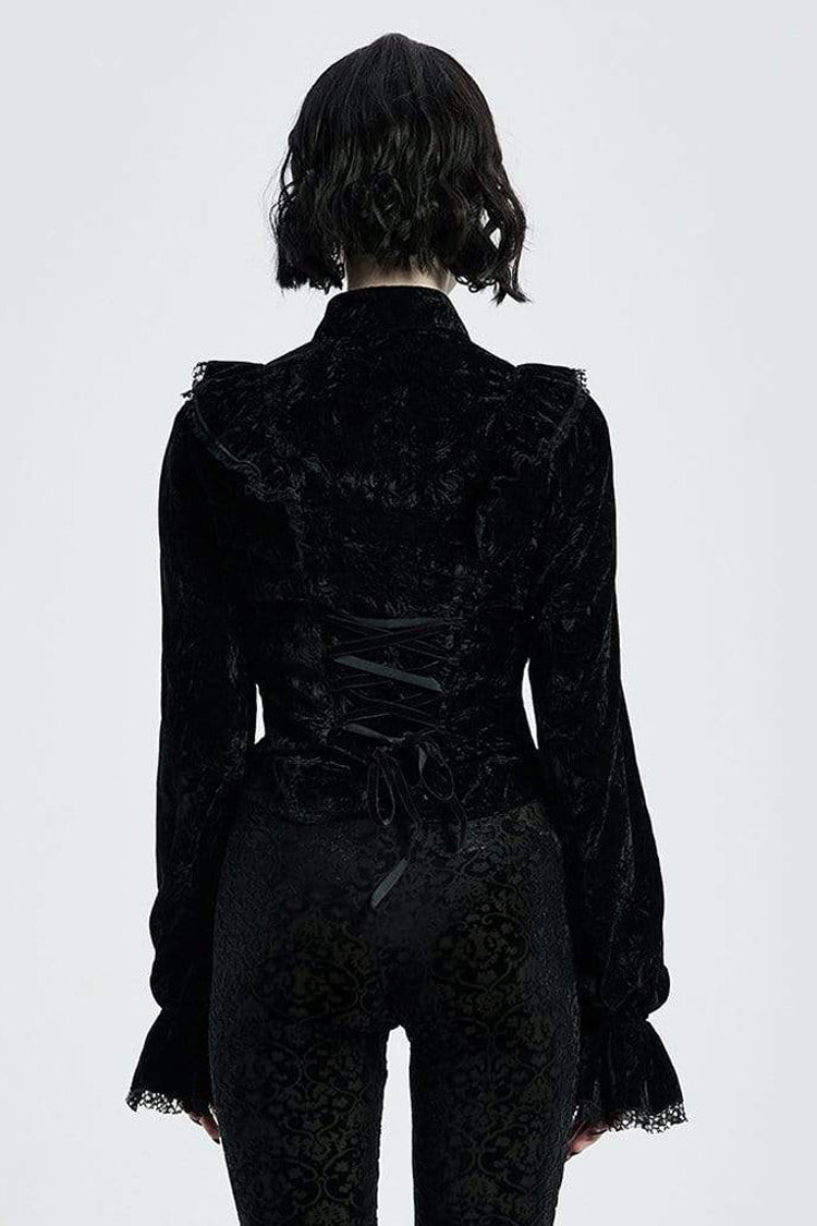 Gothic Velvet Blouse with High Collar, Lace Cuffs, Back Lace-Up, Print