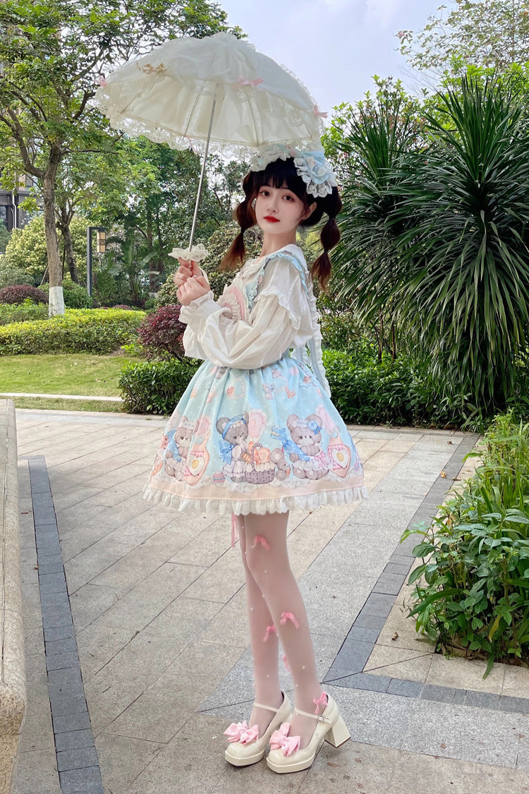 Azure Baked Bear Print Ruffled Sweet Lolita Skirt