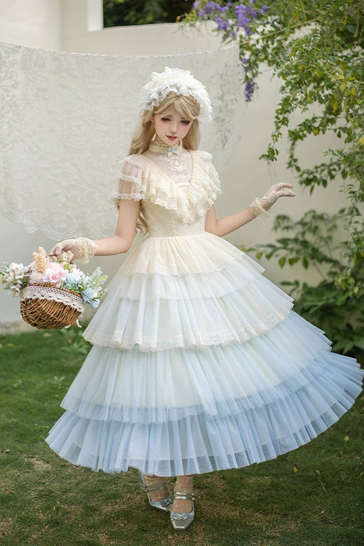 Sweet Lolita Dress with Edwardian Collar and Ombre Ruffles - Blue
