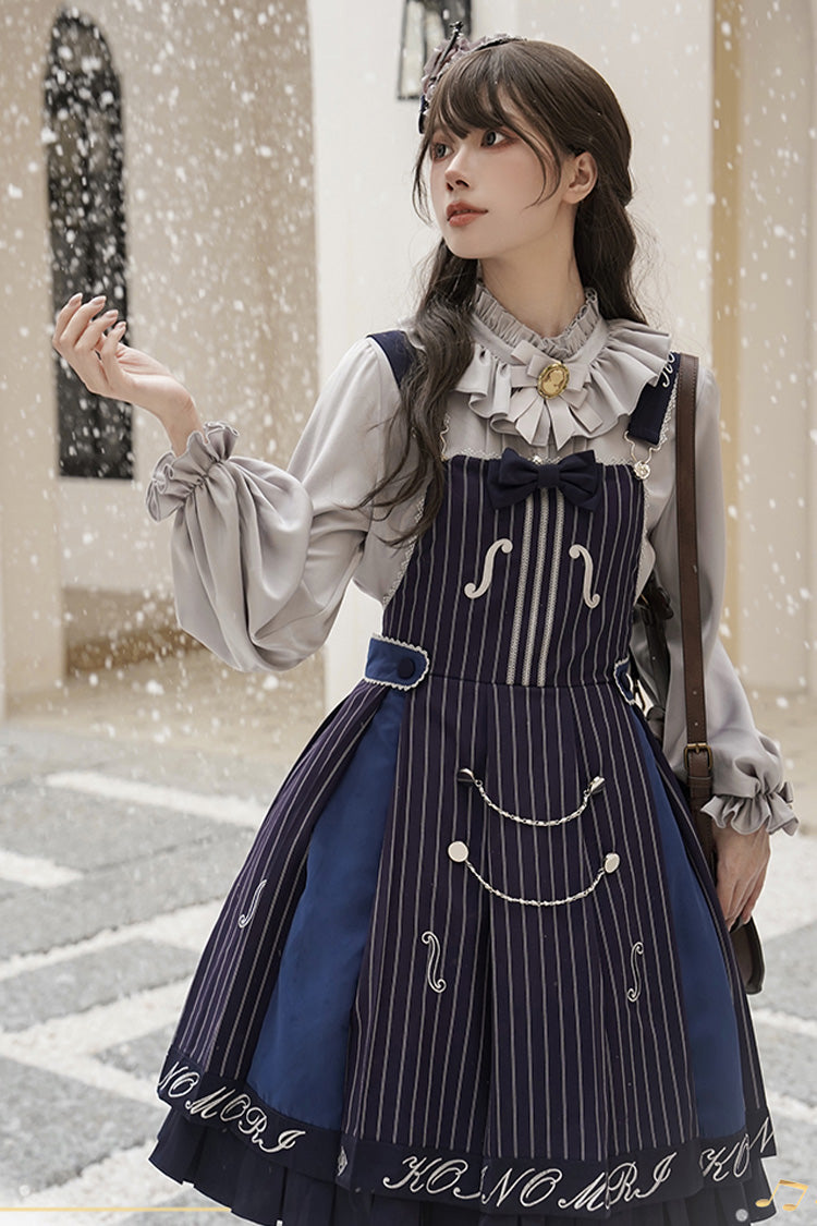Sweet College Lolita Strap Dress Violin Embroidery Bowknot Ruffled - Two Colors