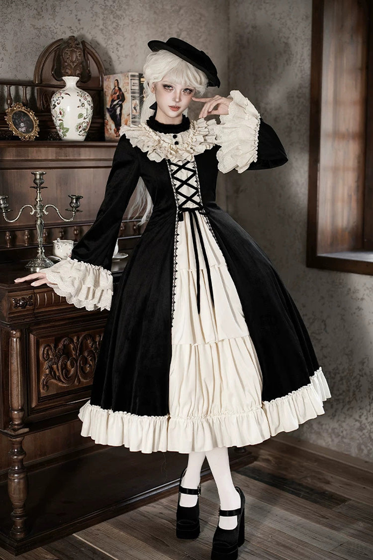 Gothic Lolita Dress with Ruffled Open-Front Bow and Lace-Up - Black