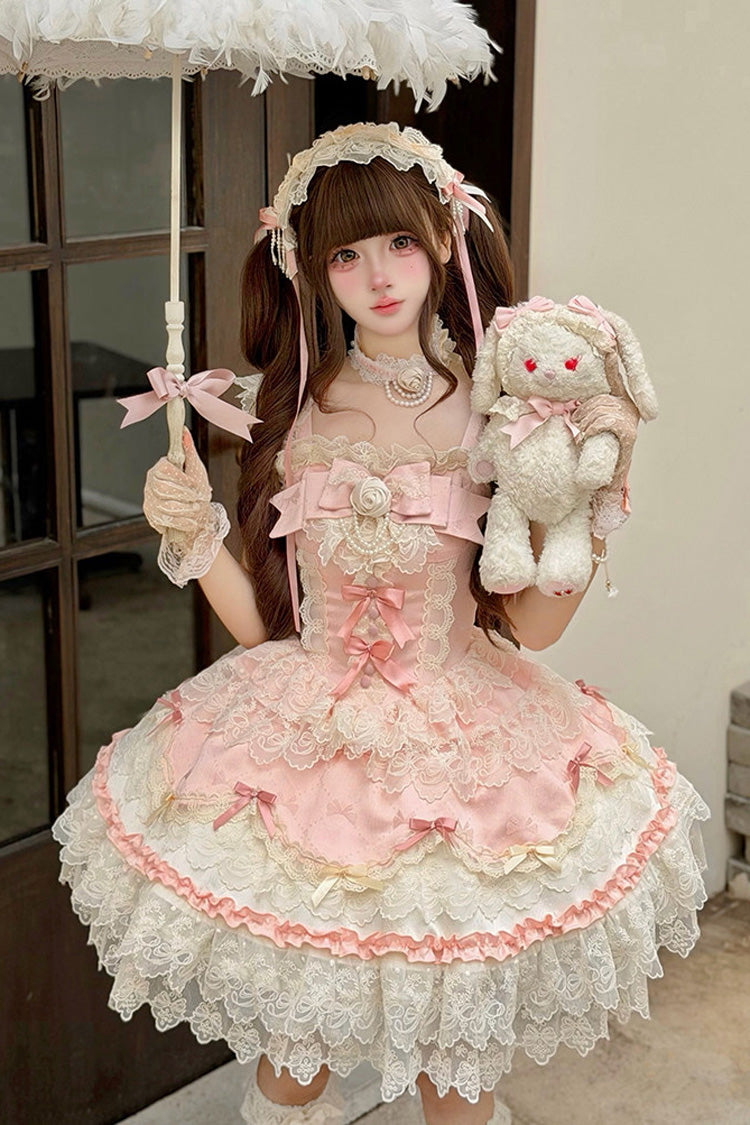 Pink Square Neck Ruffled Bow Lace Ballet Sweet JSK Dress - Rose Feather Romance