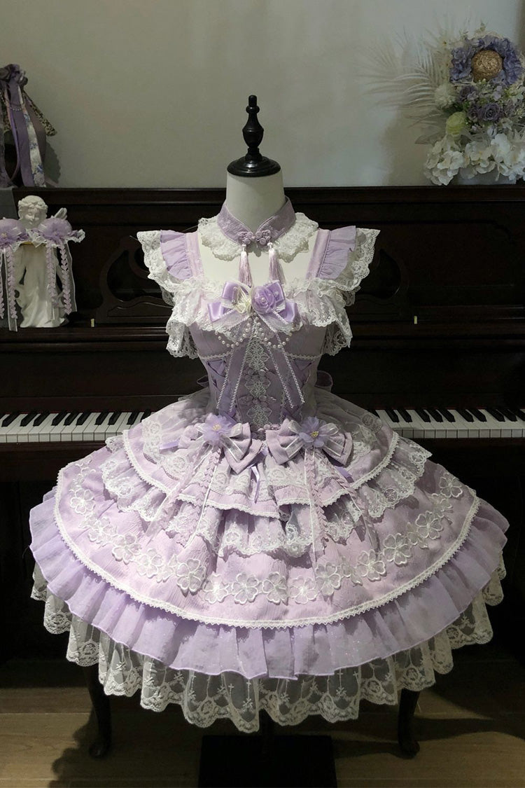 Violet Peach Rain Sleeveless Tiered Bow Lace Chinese Lolita JSK