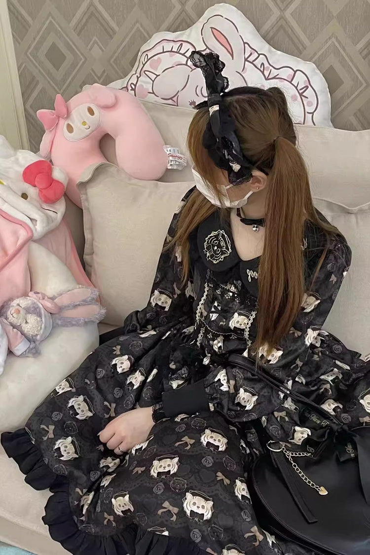 Black Long Sleeve Print Bow Sweet Plus Size College Style Lolita Dress