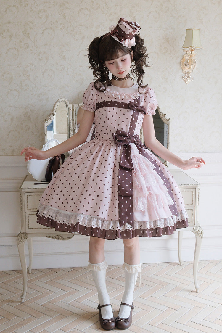 Canelé Gift Box Round Collar Short Sleeves Double-Layered Printed Polka Dot Ruffled Open-Front Bow Asymmetric Sweet Lolita Dress - Pink