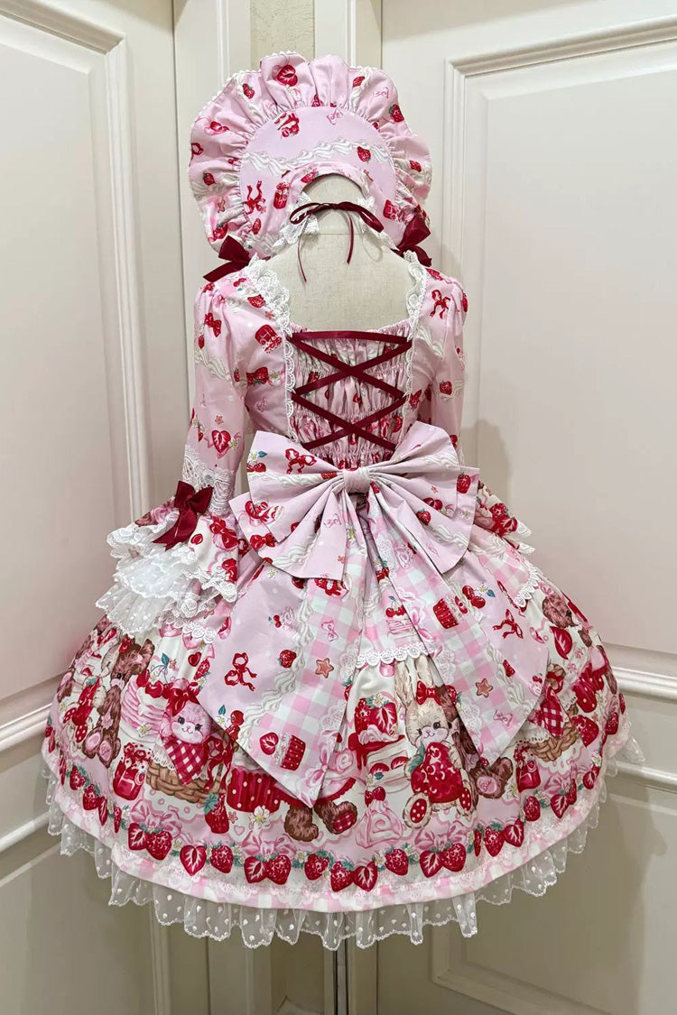 Red/Pink Sweet Lolita OP Dress Half Sleeves Bow Lace Lace-Up - Sweet Berry Bunny Bear