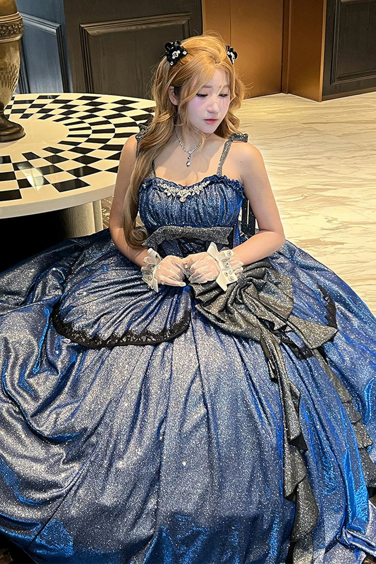 Sweet Lolita JSK Dress with Ruffled Bow and Asymmetric Cut - Blue
