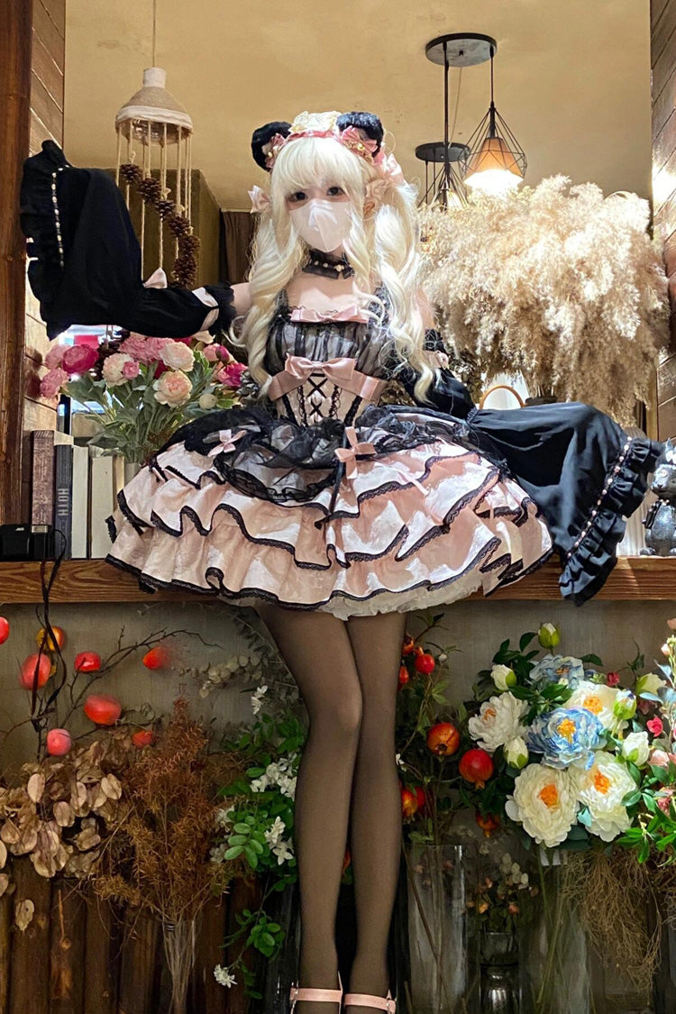 Black Pink Sleeveless Multi-Layer Ruffled Lace-Up Gothic Jsk Dress