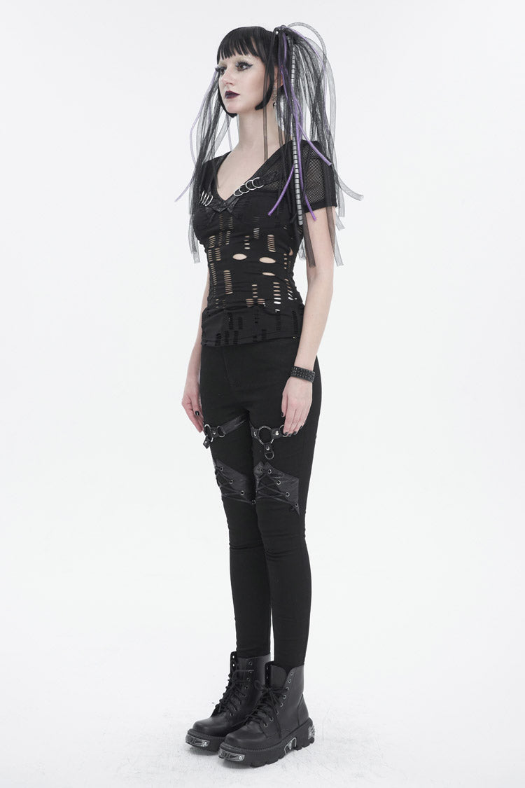 Destroyed Faux Leather Punk Tee with Metal Ring