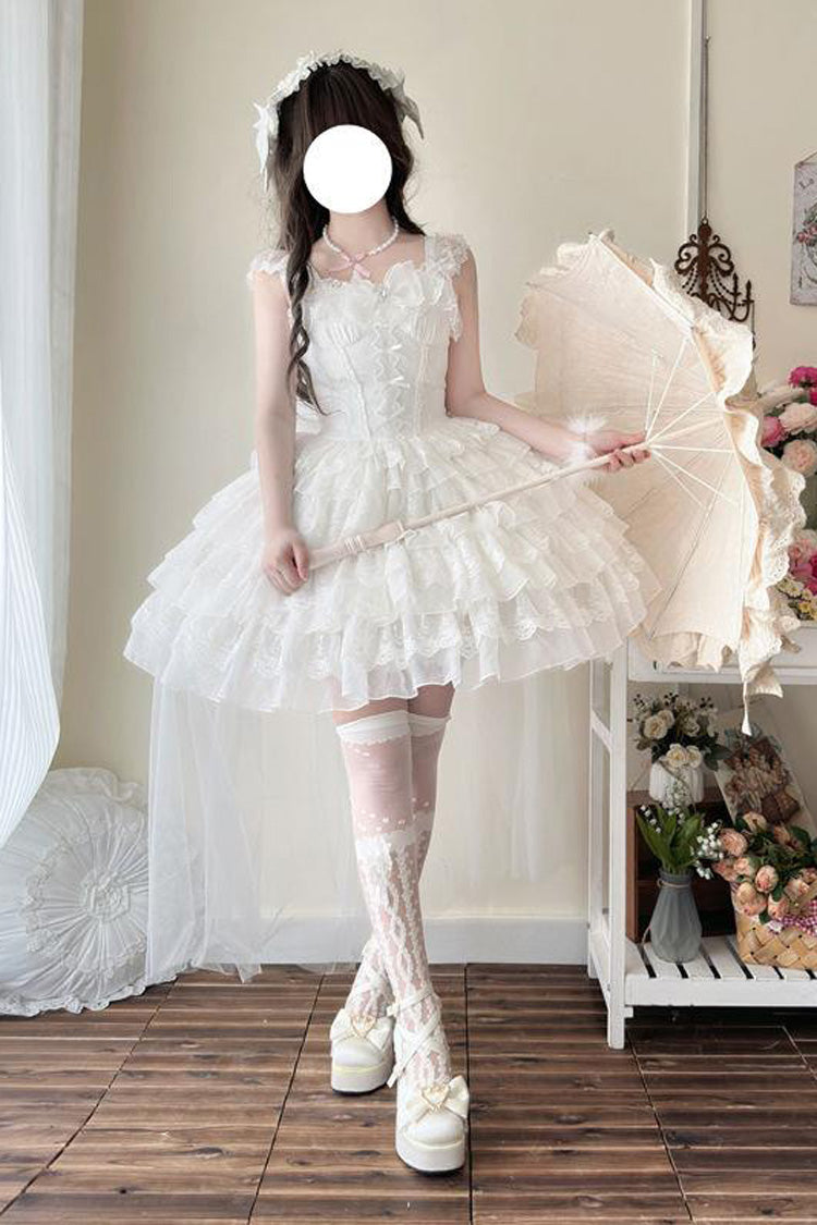 Ivory Sleeveless Multi Ruffle Bow Lace-Up Gothic Ballet JSK