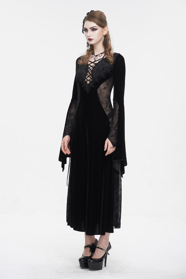 Onyx Velvet Mesh Panel Gothic Maxi Dress for Women