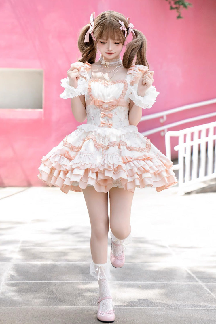 Floral Printed Multi-Layer Lace Sweet Lolita Tiered Dress - Ruffled Bowknot