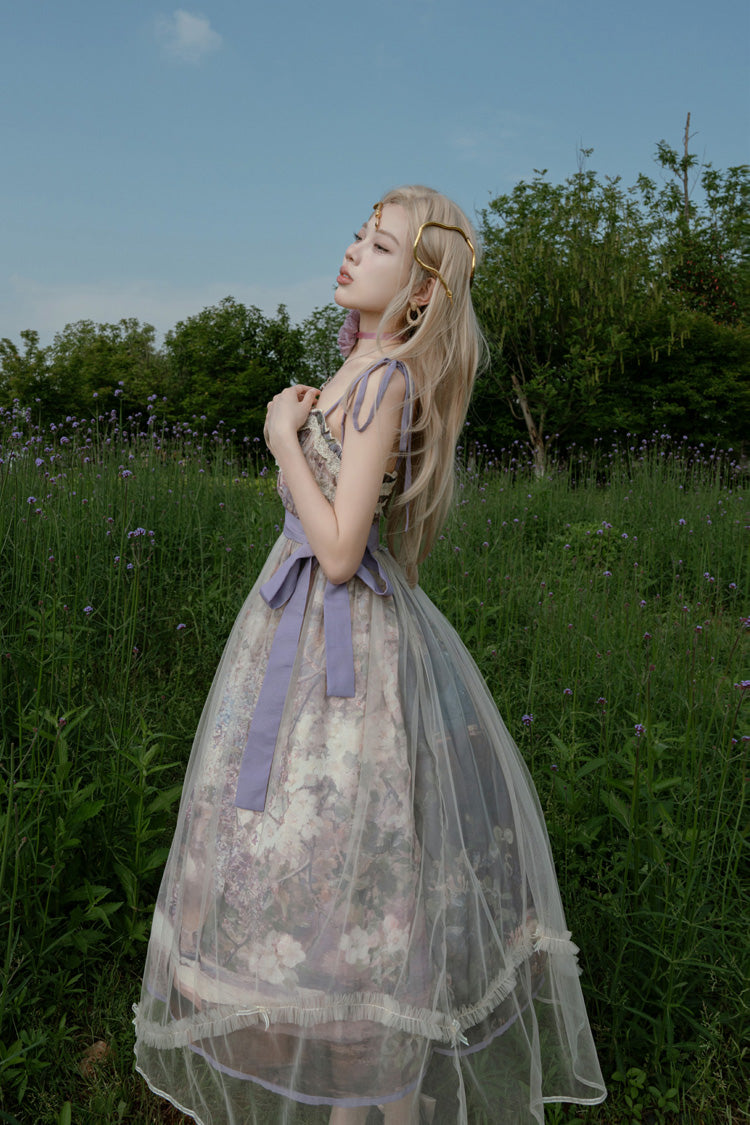 Violet Shaded Blossoms Oil Painting Sleeveless Printed Ruffled Bow Lace JSK